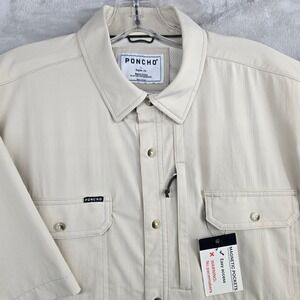 PONCHO Mens Size LARGE Short Sleeve Button Up Shirt Beige Magnetic Pockets NEW